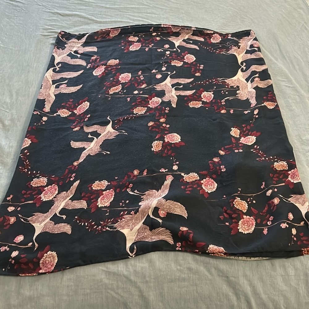 Women’s infinity scarf, blue with red and pink flowers and bird design.